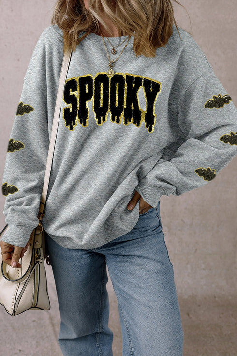 Sequin Spooky Bat Embellished Sleeve Pullover Sweatshirt