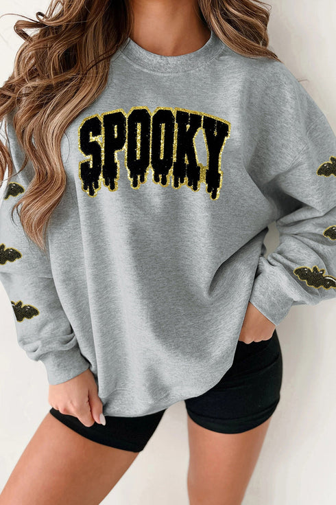 Sequin Spooky Bat Embellished Sleeve Pullover Sweatshirt