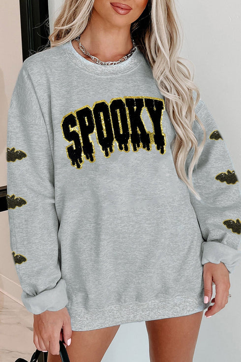 Sequin Spooky Bat Embellished Sleeve Pullover Sweatshirt