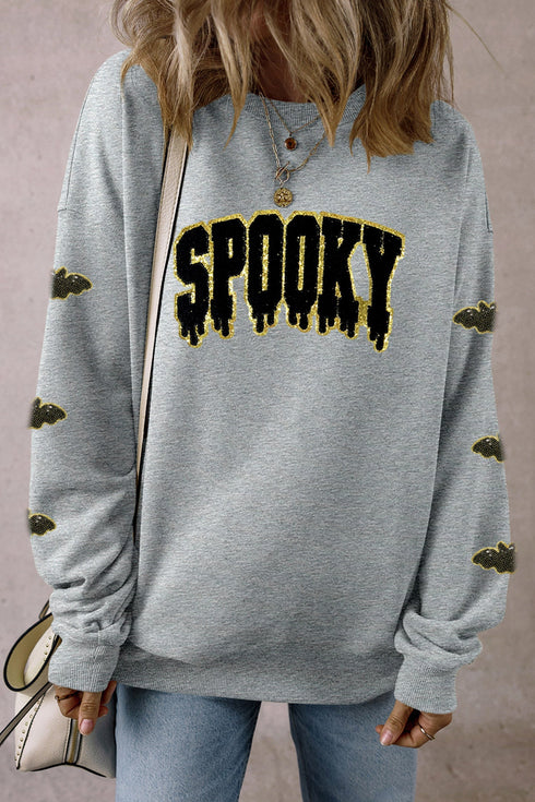 Sequin Spooky Bat Embellished Sleeve Pullover Sweatshirt