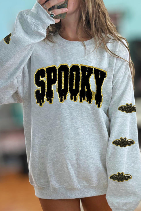 Sequin Spooky Bat Embellished Sleeve Pullover Sweatshirt