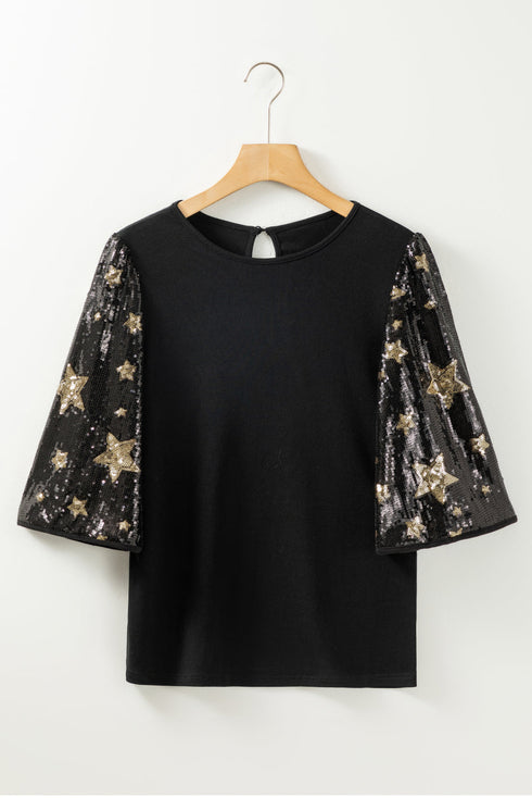 Sequin Star Detailed Half Sleeve Viscose Top