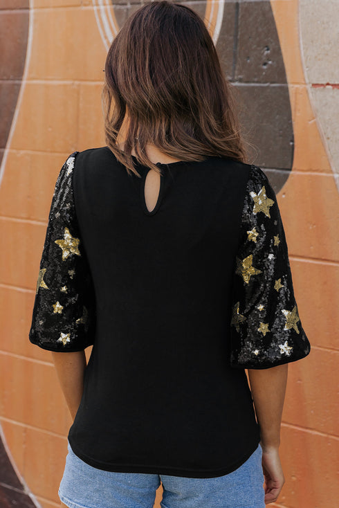 Sequin Star Detailed Half Sleeve Viscose Top
