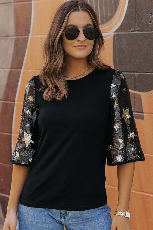 Sequin Star Detailed Half Sleeve Viscose Top