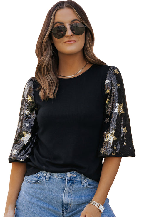 Sequin Star Detailed Half Sleeve Viscose Top