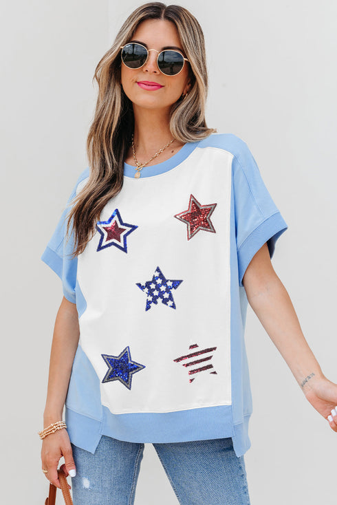 Sequin Star Embellished Short Sleeve Cotton Graphic Tee