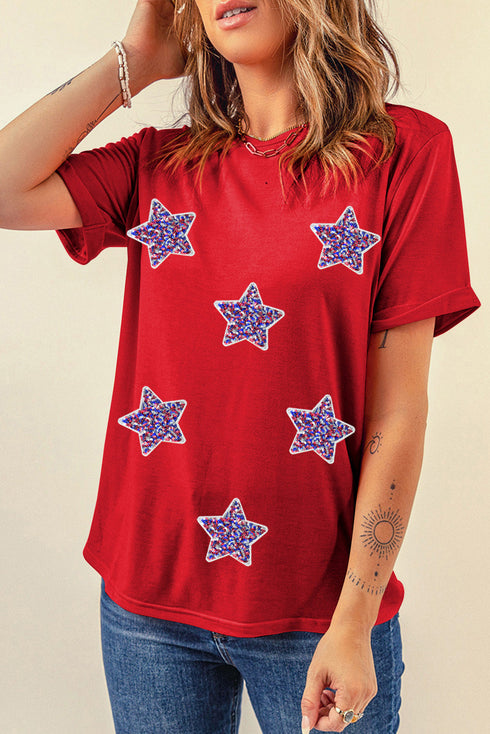 Sequin Star Embellished Short Sleeve Crew Neck Graphic Tee