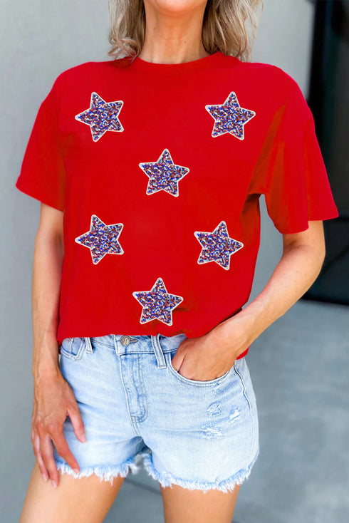 Sequin Star Embellished Short Sleeve Crew Neck Graphic Tee