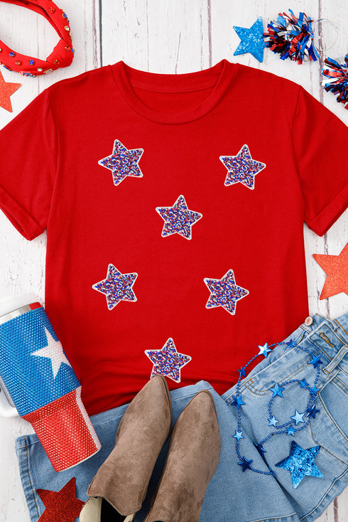 Sequin Star Embellished Short Sleeve Crew Neck Graphic Tee