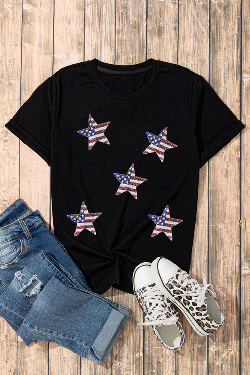 Sequin Star Motif Short Sleeve Graphic Tee Shirt