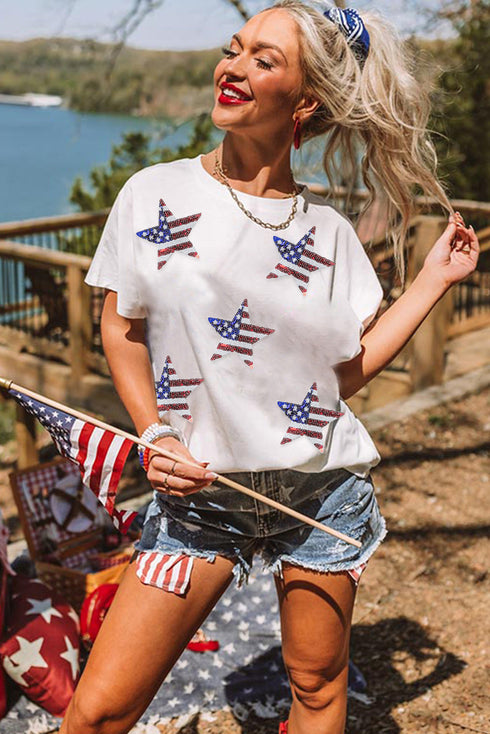 Sequin Star Motif Short Sleeve Graphic Tee Shirt