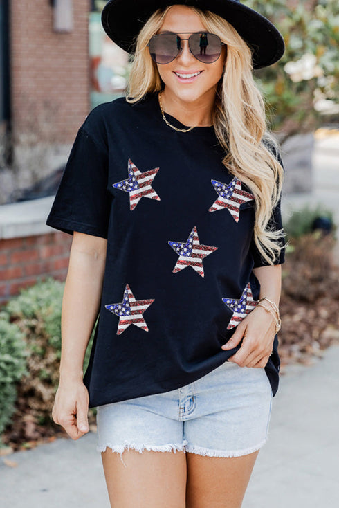 Sequin Star Motif Short Sleeve Graphic Tee Shirt