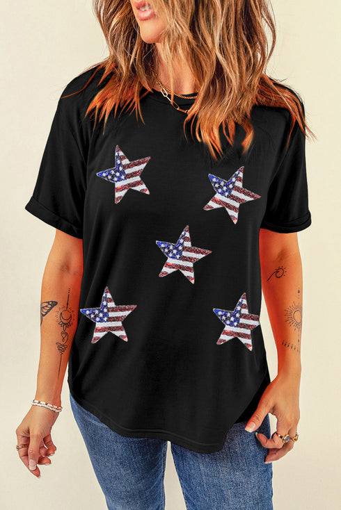 Sequin Star Motif Short Sleeve Graphic Tee Shirt