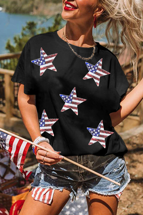 Sequin Star Motif Short Sleeve Graphic Tee Shirt
