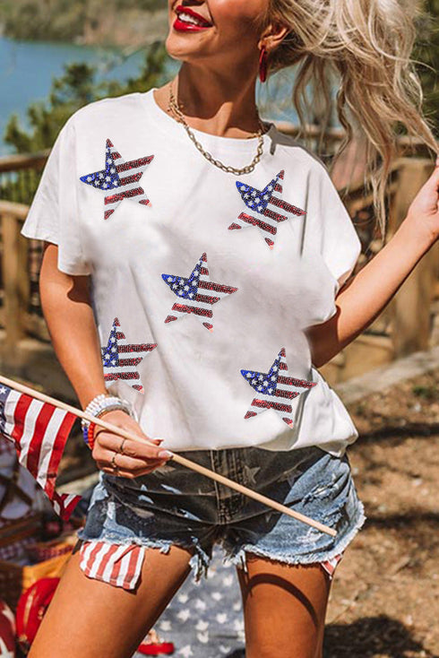 Sequin Star Motif Short Sleeve Graphic Tee Shirt