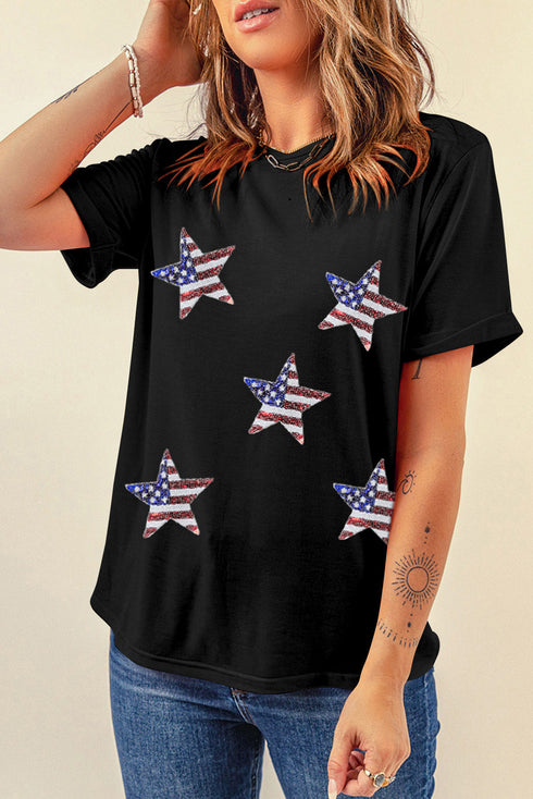 Sequin Star Motif Short Sleeve Graphic Tee Shirt
