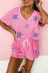 Sequin Star Patch V Neck Tee And Short Graphic Set