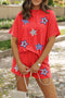 Sequin Star Print Corded T Shirt Shorts Graphic Set