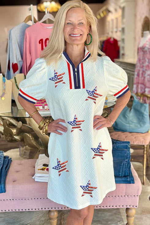 Sequin Star Print Textured Collared T Shirt Graphic Dress