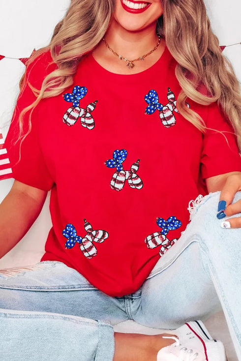 Sequin Stars And Stripes Balloon Puppy Graphic Crewneck Tee