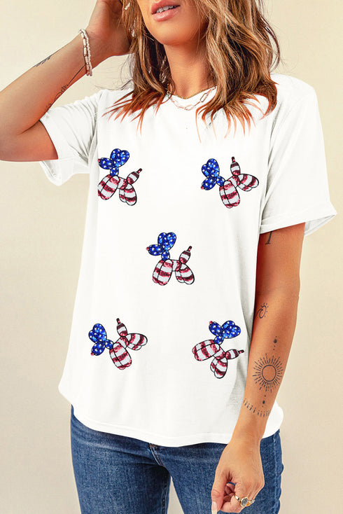 Sequin Stars And Stripes Balloon Puppy Graphic Crewneck Tee