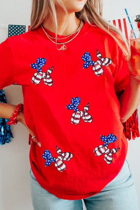 Sequin Stars And Stripes Balloon Puppy Graphic Crewneck Tee