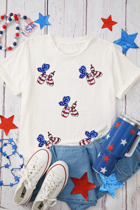 Sequin Stars And Stripes Balloon Puppy Graphic Crewneck Tee