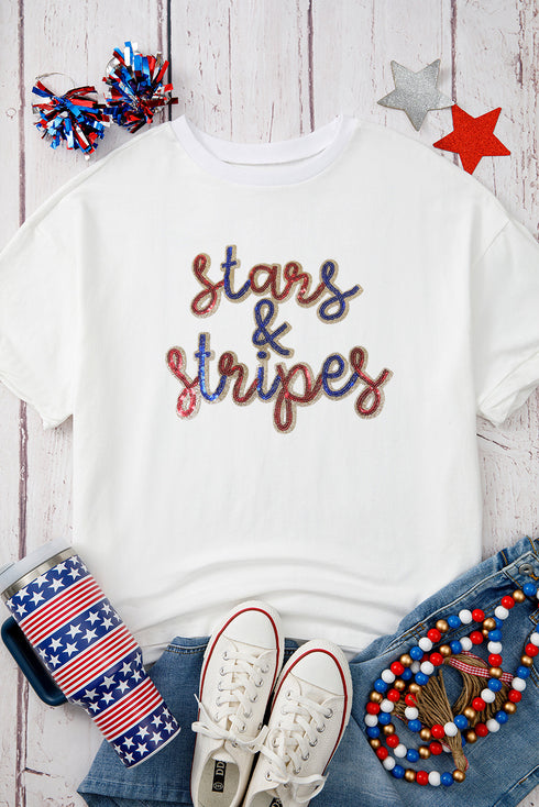Sequin Stars Stripes Graphic Drop Shoulder Cotton T Shirt
