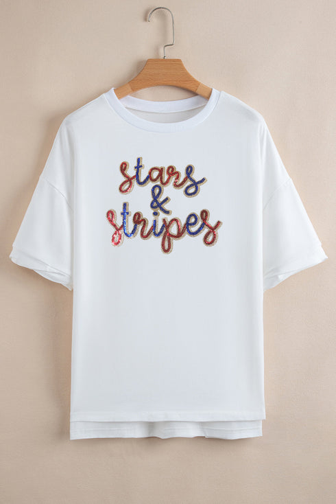 Sequin Stars Stripes Graphic Drop Shoulder Cotton T Shirt