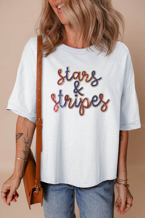 Sequin Stars Stripes Graphic Drop Shoulder Cotton T Shirt