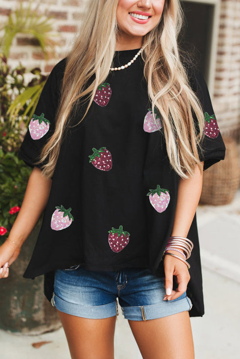 Sequin Strawberry Graphic High Low Relaxed Fit Cotton Tee