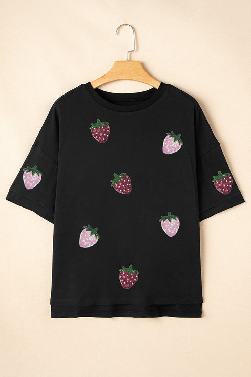 Sequin Strawberry Graphic High Low Relaxed Fit Cotton Tee