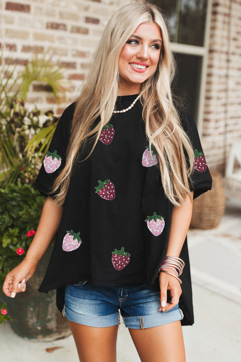 Sequin Strawberry Graphic High Low Relaxed Fit Cotton Tee