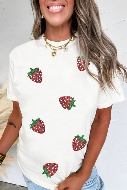 Sequin Strawberry Patch Crew Neck Short Sleeve Graphic Tee