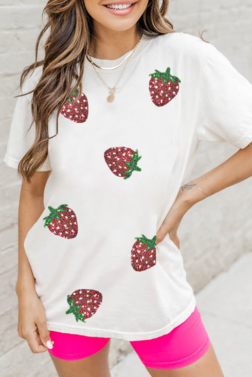 Sequin Strawberry Patch Crew Neck Short Sleeve Graphic Tee