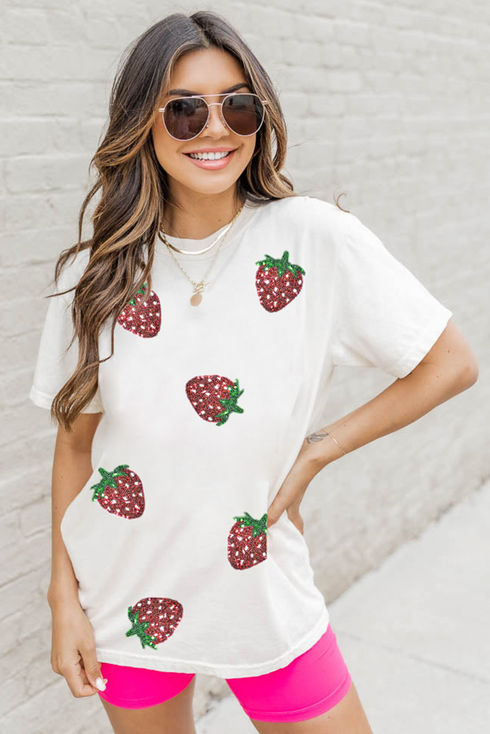 Sequin Strawberry Patch Crew Neck Short Sleeve Graphic Tee