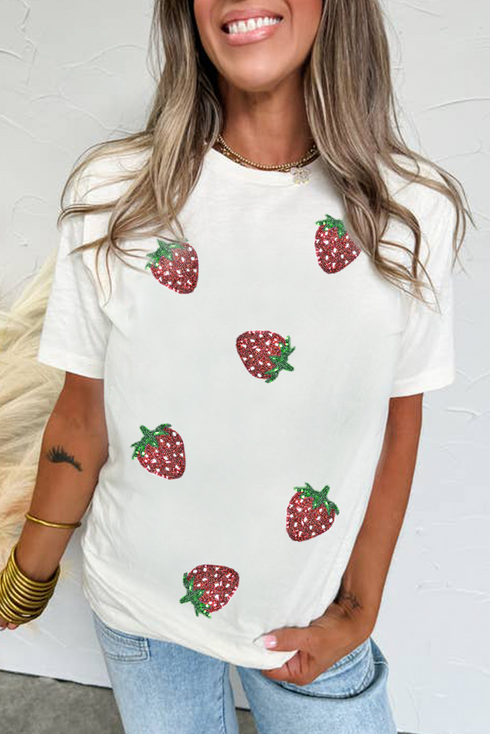 Sequin Strawberry Patch Crew Neck Short Sleeve Graphic Tee