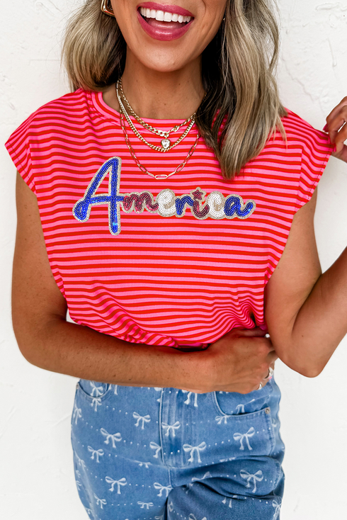 Sequin Stripe America Letter Patch Cap Sleeve Graphic Tee