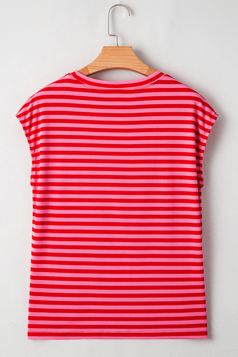 Sequin Stripe America Letter Patch Cap Sleeve Graphic Tee