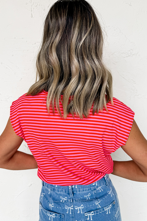 Sequin Stripe America Letter Patch Cap Sleeve Graphic Tee