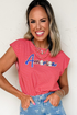 Sequin Stripe America Letter Patch Cap Sleeve Graphic Tee