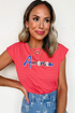Sequin Stripe America Letter Patch Cap Sleeve Graphic Tee