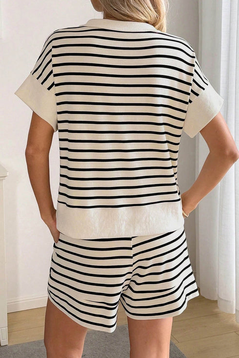 Sequin Stripe Ribbed Zip Polo Drawstring Short Set