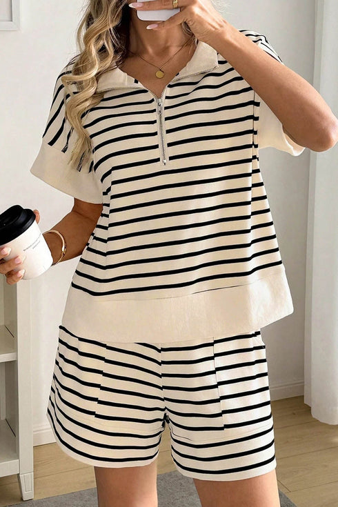 Sequin Stripe Ribbed Zip Polo Drawstring Short Set