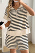 Sequin Stripe Ribbed Zip Polo Drawstring Short Set