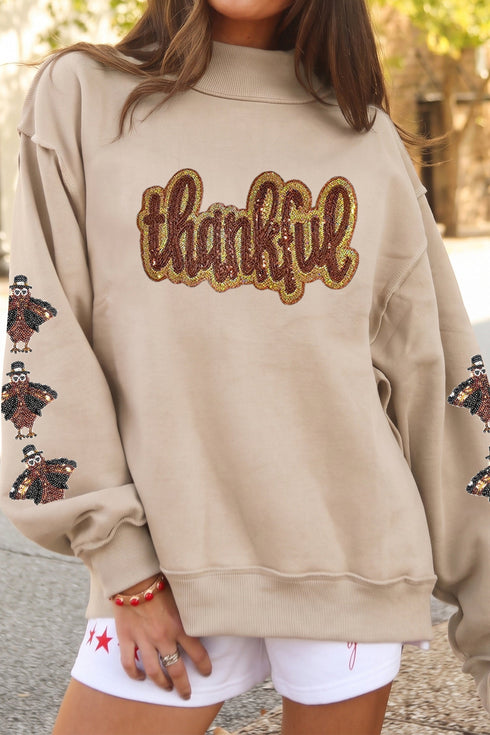 Sequin Thankful Graphic Turkey Sleeve Mock Neck Sweatshirt