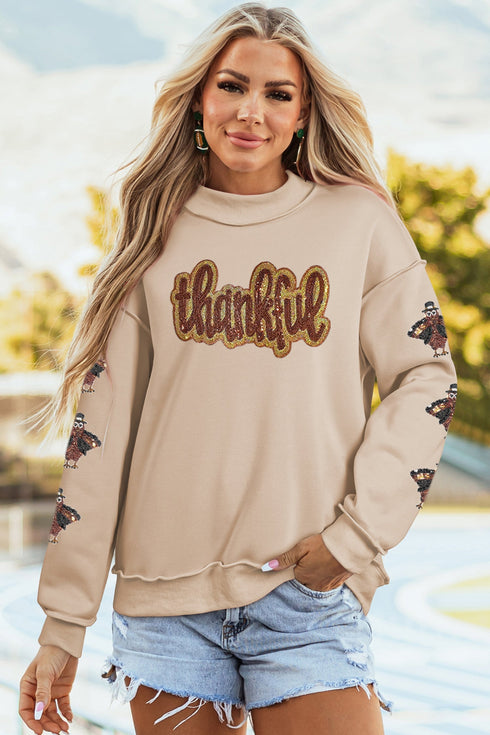 Sequin Thankful Graphic Turkey Sleeve Mock Neck Sweatshirt