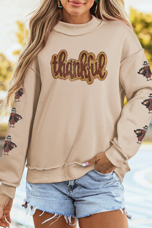 Sequin Thankful Graphic Turkey Sleeve Mock Neck Sweatshirt