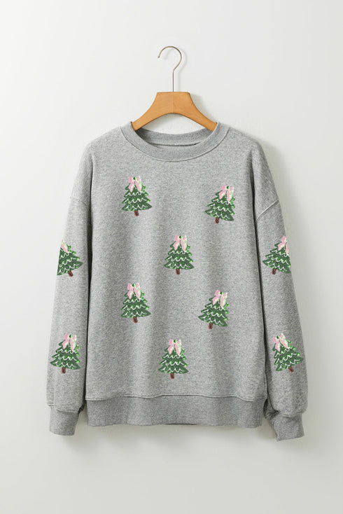 Sequin Tree Bow Graphic Oversized Pullover Sweatshirt