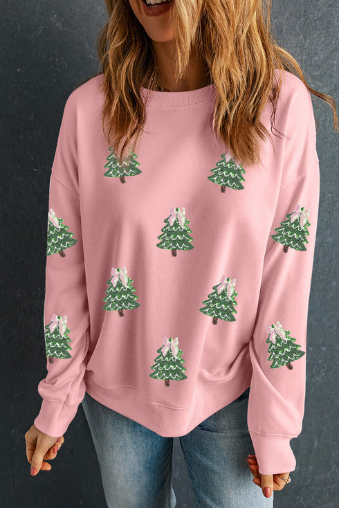 Sequin Tree Bow Graphic Oversized Pullover Sweatshirt
